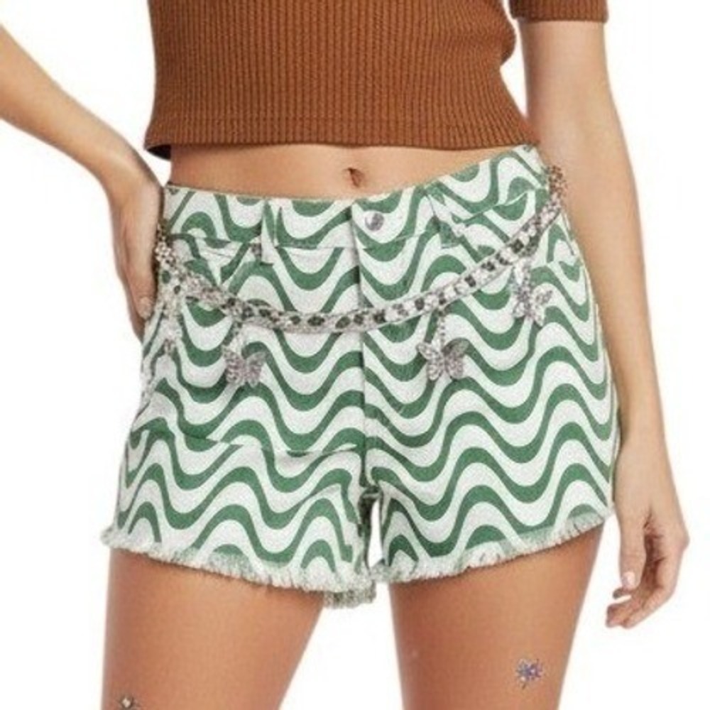 Wavy Swirl Denim Shorts Cotton Festival Medium Altar'd State Womens Green White